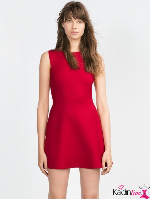 Zara kırmızı tek renk kolsuz mini elbise modelleri