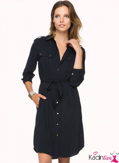 PEKYOL Lacivert Cep ve Bağcık Detaylı Gömlek Elbise Modelleri