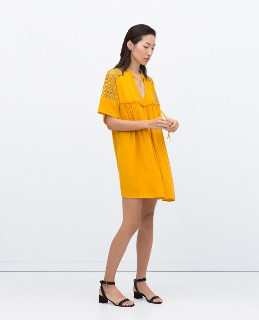 Limon sarısı güpürlü zara elbise modeli