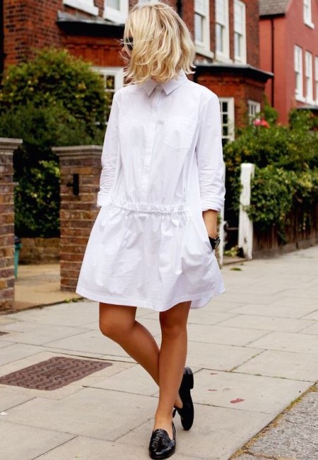Trend beyaz elbise gömlek kombini