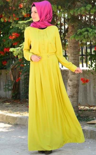 Sefamerve limon sarısı asit tesettür elbise modeli