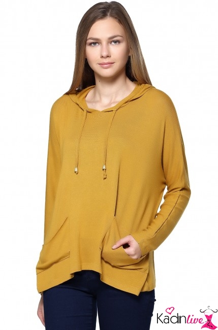 Tozlu kapşonlu hardal rengi bluz modelleri 2016